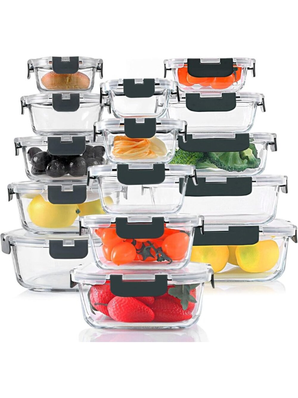 30-Piece Glass Food Storage Container Set with Lids - Airtight, BPA-Free, Gray
